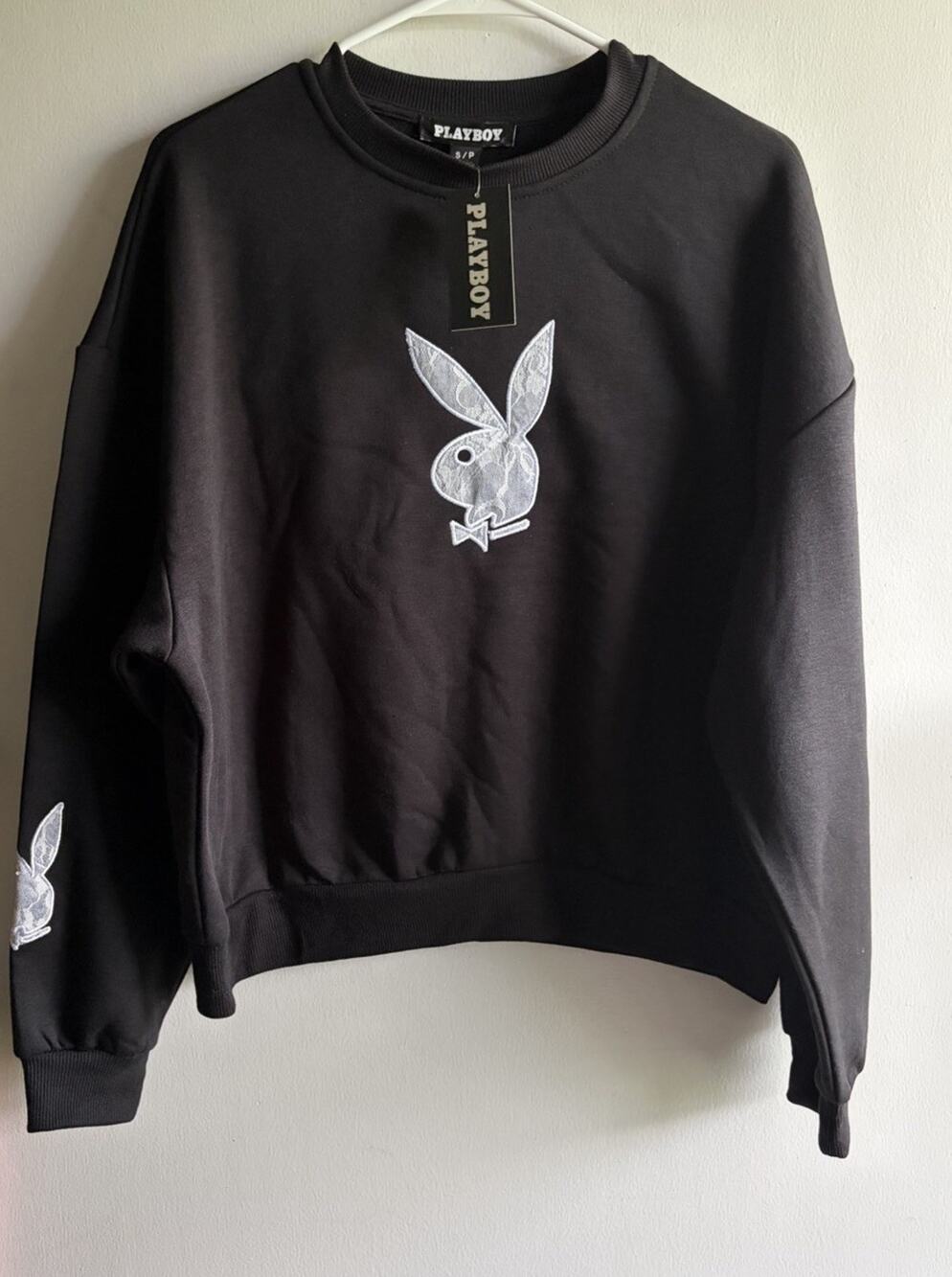 NWT Playboy Womens Small Black Lace Applique Bunny Logo Pullover Sweatshirt